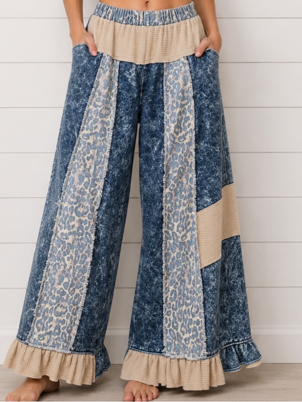 NEW POL : Wide Leg Patchwork Denim Palazzo Pants with Leopard Panels